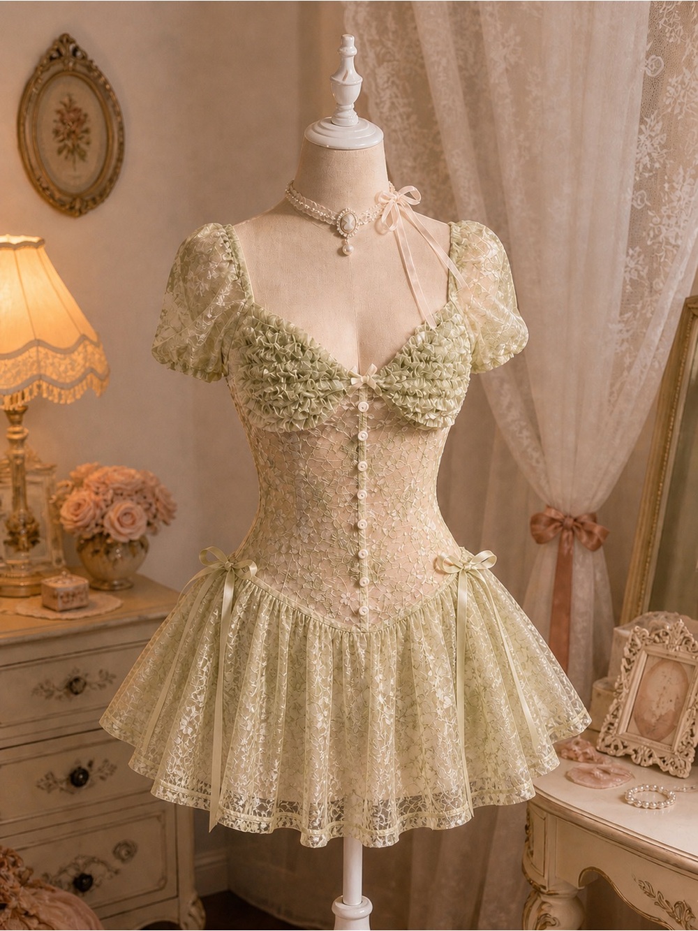NEW PINK Lace Ruffle Mini Dress Fairycore Cottagecore Sheer Corset Style NWT M